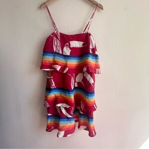 FARM Rio Rainbow Toucan Tiered Ruffle Mini Dress - Red/Multi Stripe - S